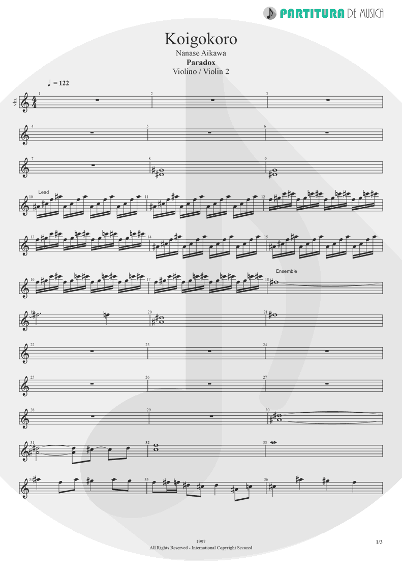 Partitura de musica de Violino - Koigokoro | Nanase Aikawa | Paradox 1997 - pag 1