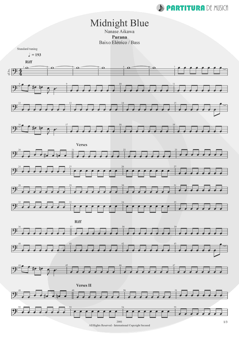 Partitura de musica de Baixo Elétrico - Midnight Blue | Nanase Aikawa | Purana 2001 - pag 1