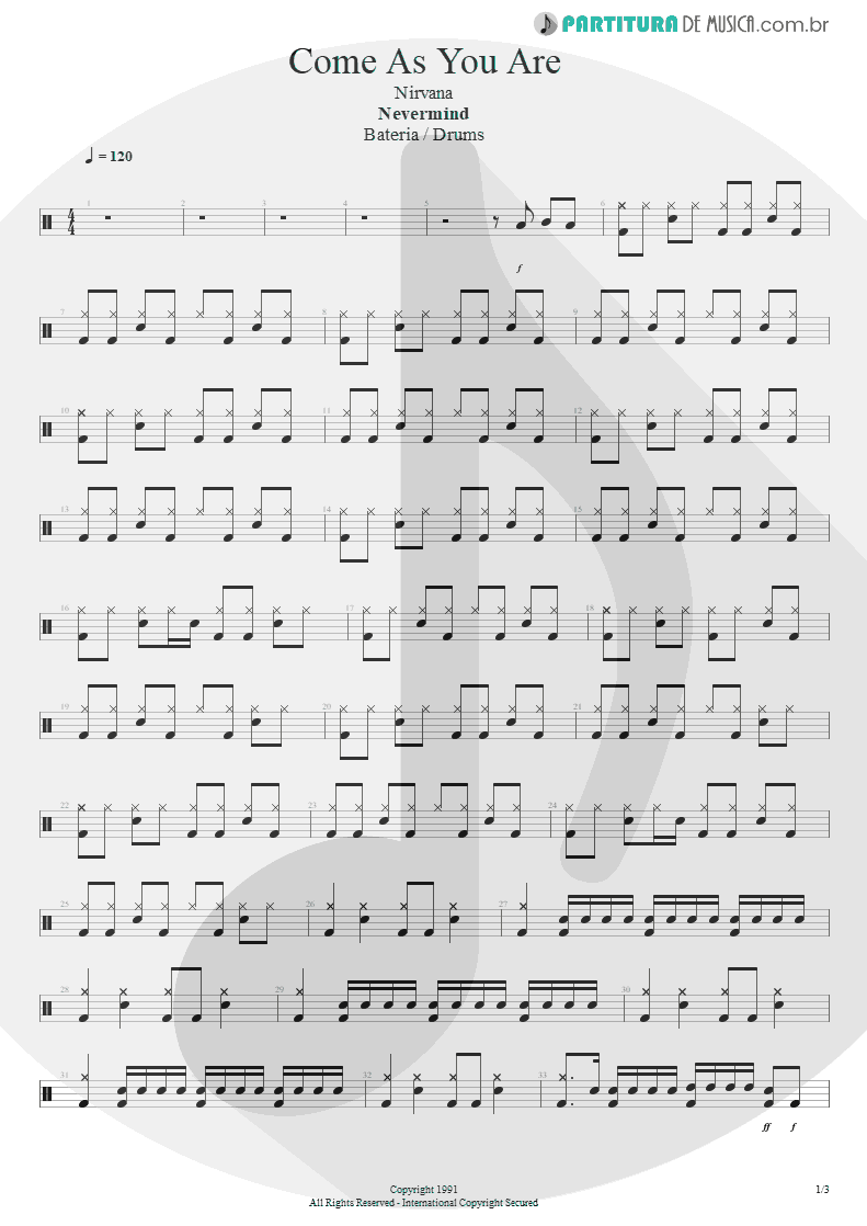 Partitura de musica de Bateria - Come As You Are | Nirvana | Nevermind 1991 - pag 1