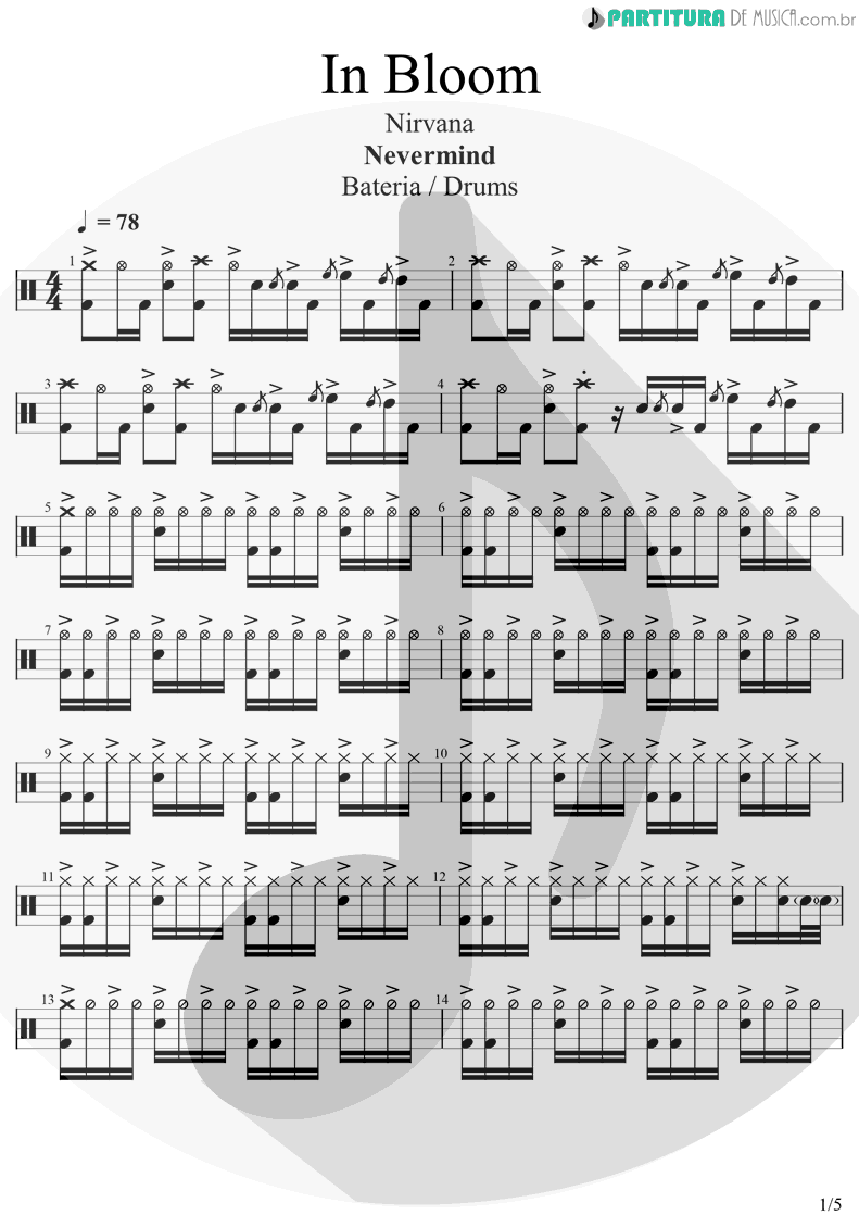 Partitura de musica de Bateria - In Bloom | Nirvana | Nevermind 1991 - pag 1