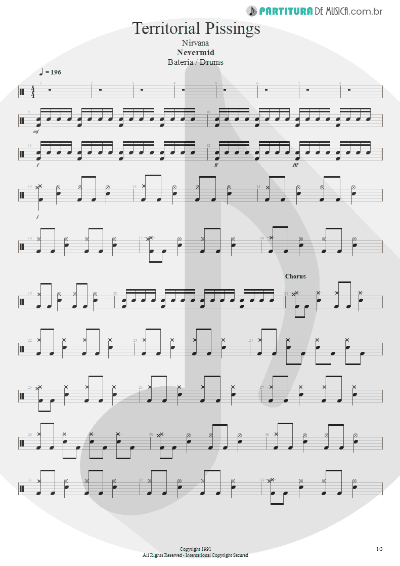 Partitura de musica de Bateria - Territorial Pissings | Nirvana | Nevermind 1991 - pag 1