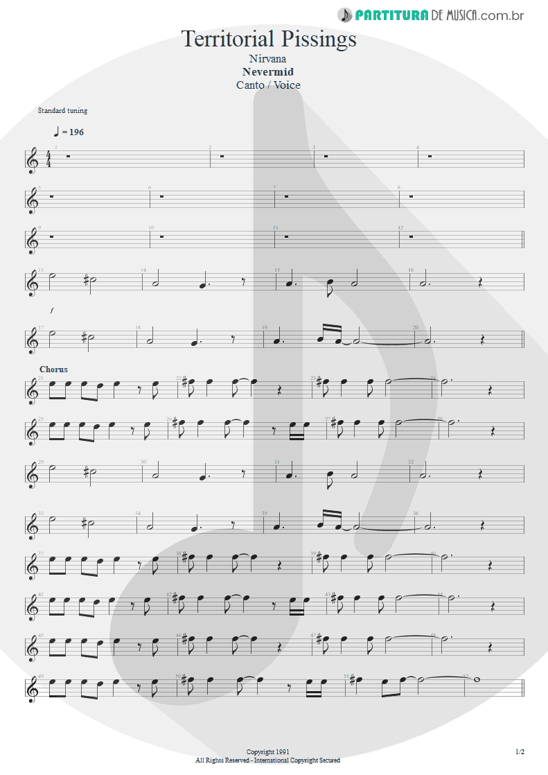 Partitura de musica de Canto - Territorial Pissings | Nirvana | Nevermind 1991 - pag 1