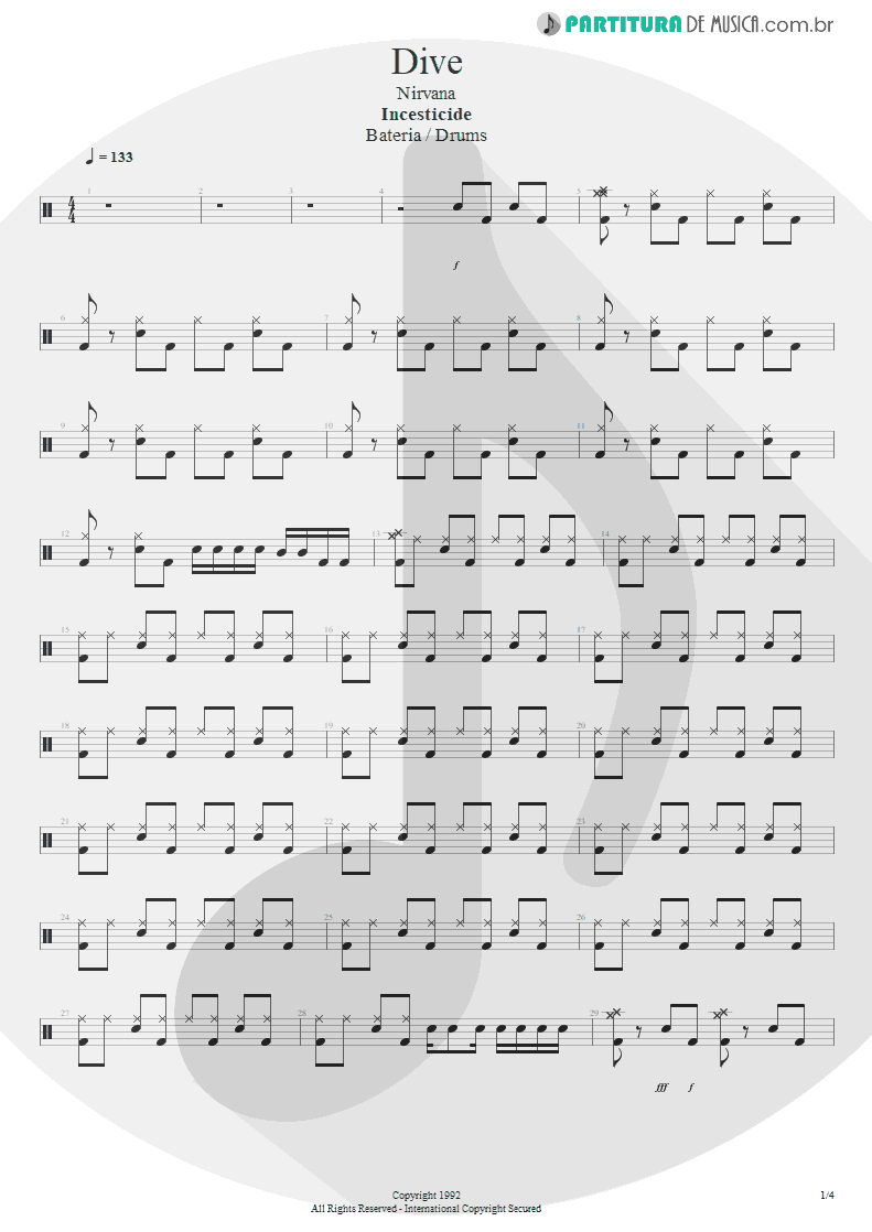 Partitura de musica de Bateria - Dive | Nirvana | Incesticide 1992 - pag 1