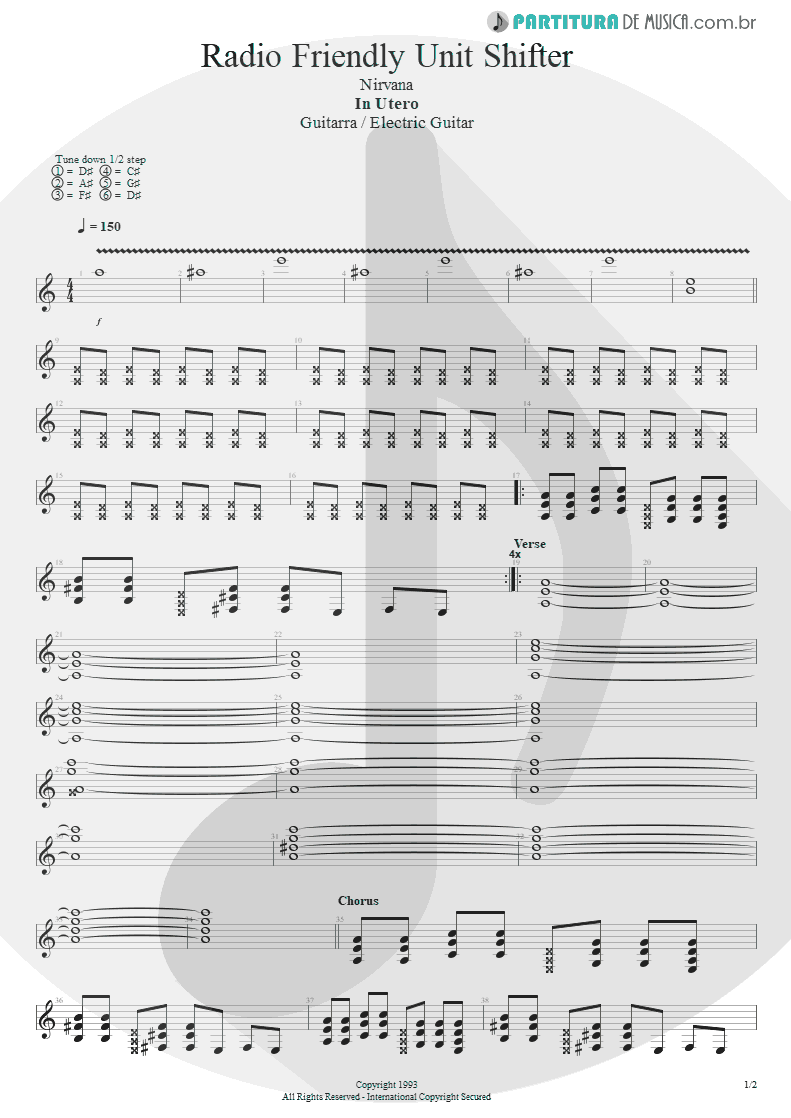 Partitura de musica de Guitarra Elétrica - Radio Friendly Unit Shifter | Nirvana | In Utero 1993 - pag 1
