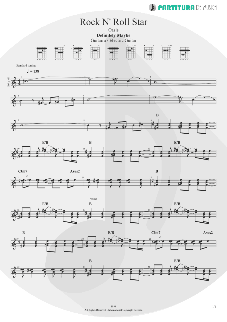 Partitura de musica de Guitarra Elétrica - Rock 'n' Roll Star | Oasis | Definitely Maybe 1994 - pag 1