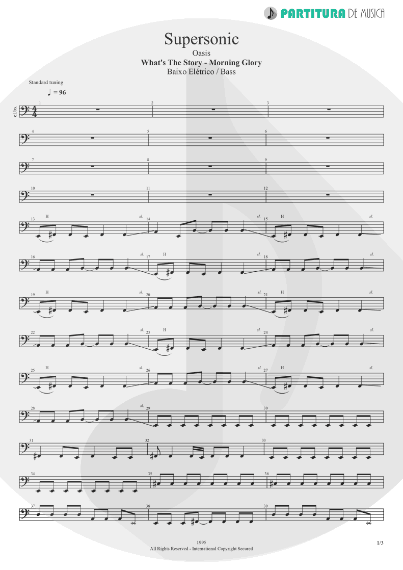 Partitura de musica de Baixo Elétrico - Supersonic | Oasis | Definitely Maybe 1994 - pag 1