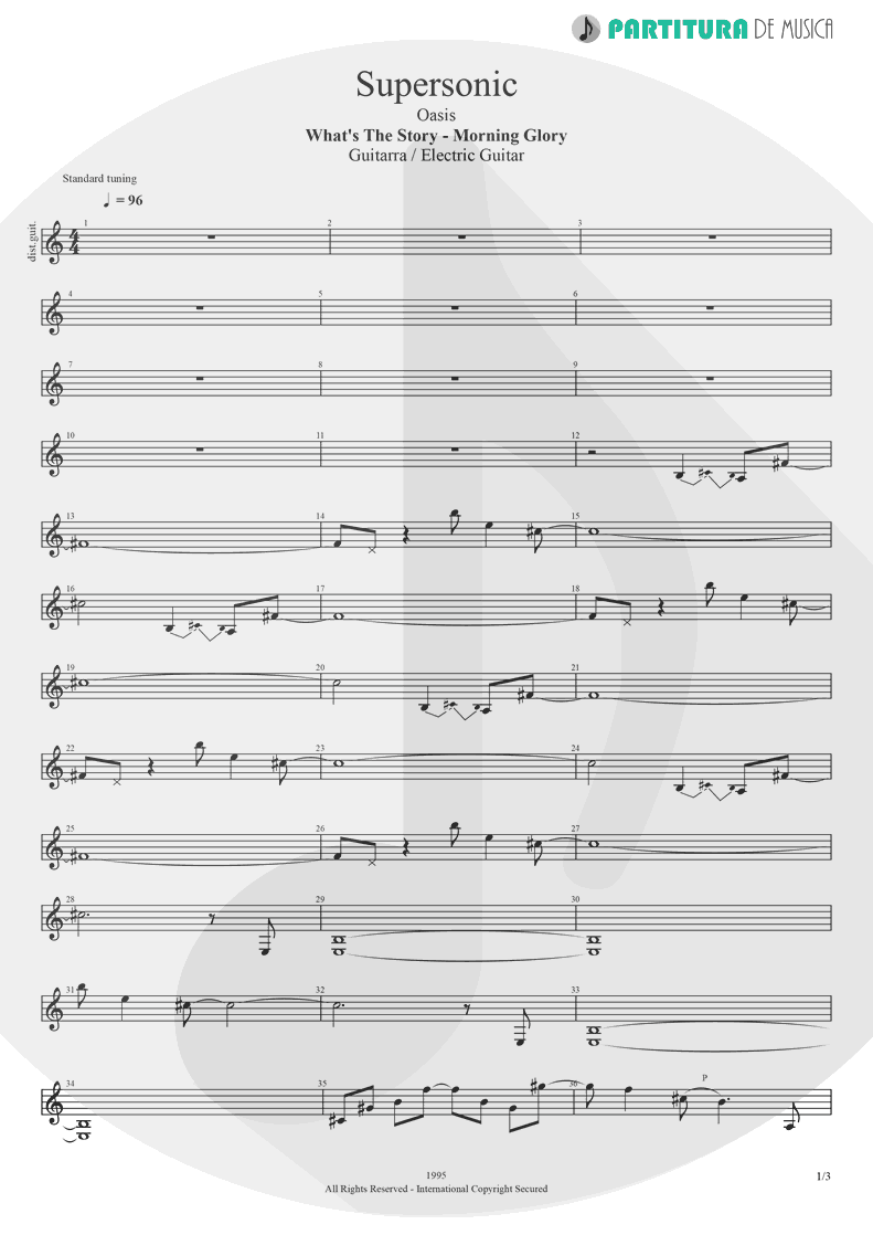 Partitura de musica de Guitarra Elétrica - Supersonic | Oasis | Definitely Maybe 1994 - pag 1