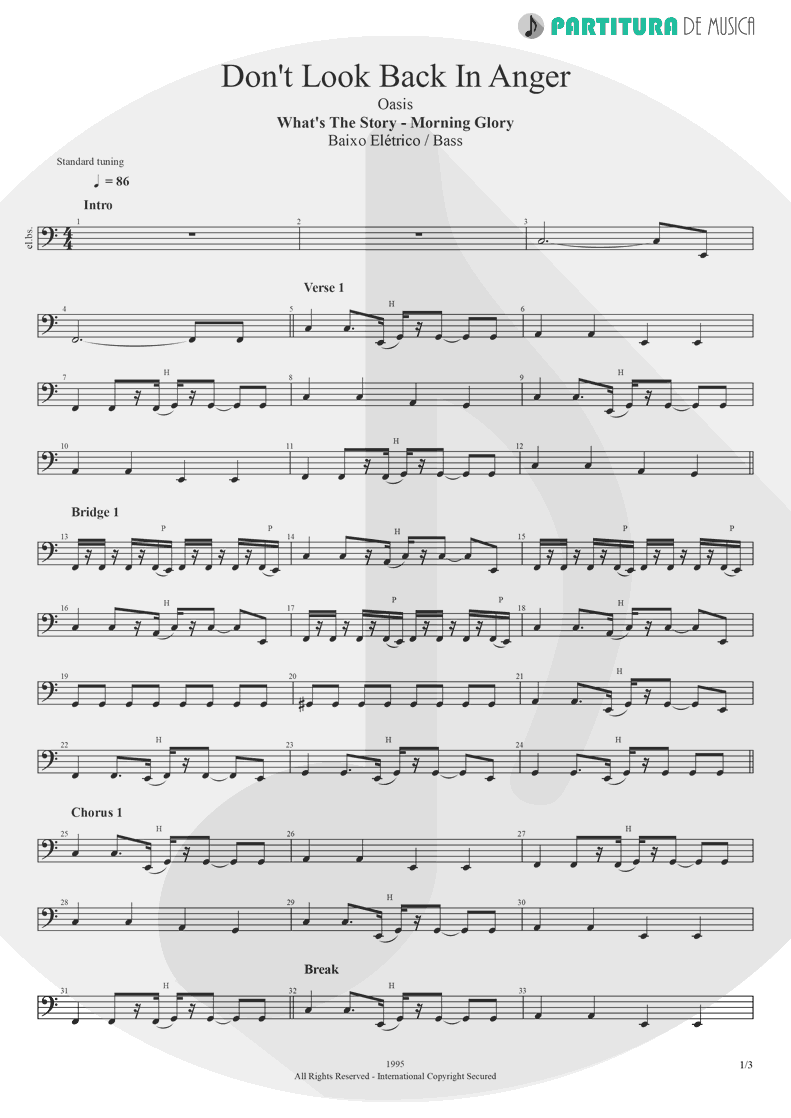 Partitura de musica de Baixo Elétrico - Don't Look Back In Anger | Oasis | (What's the Story) Morning Glory? 1995 - pag 1