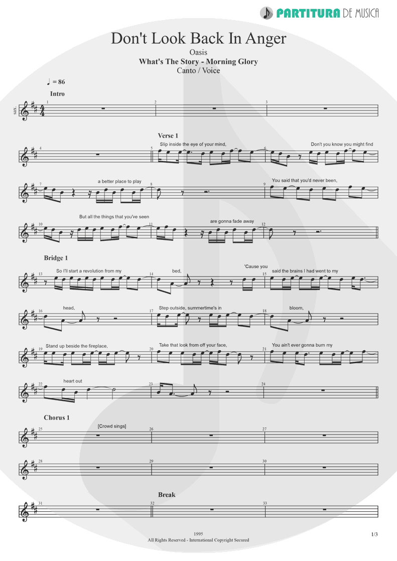 Partitura de musica de Canto - Don't Look Back In Anger | Oasis | (What's the Story) Morning Glory? 1995 - pag 1