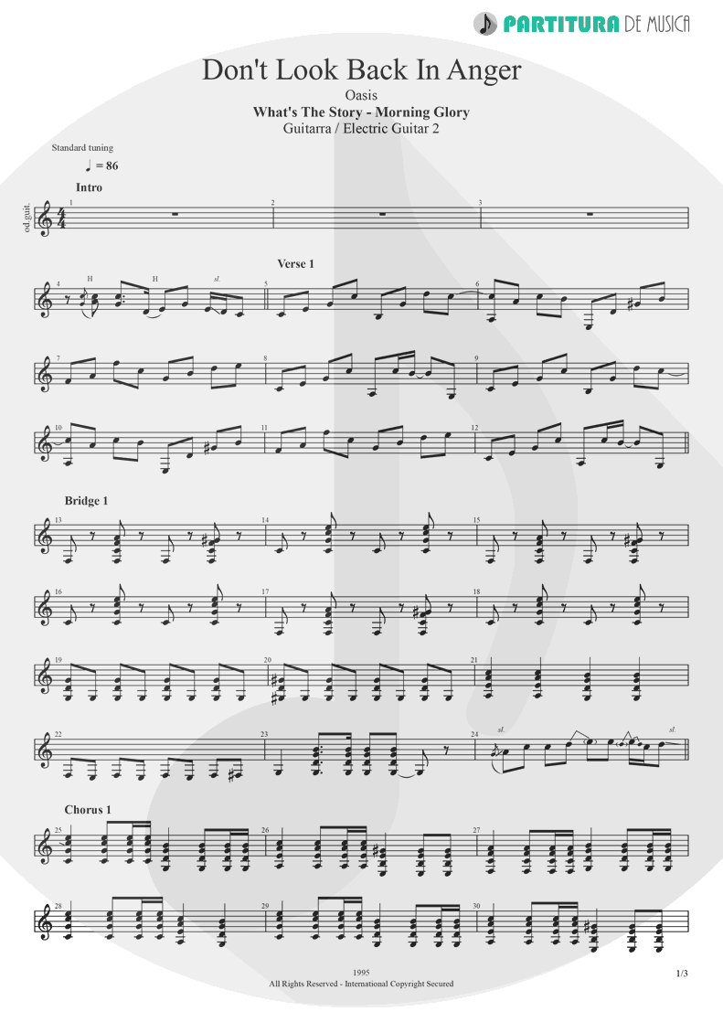 Partitura de musica de Guitarra Elétrica - Don't Look Back In Anger | Oasis | (What's the Story) Morning Glory? 1995 - pag 1
