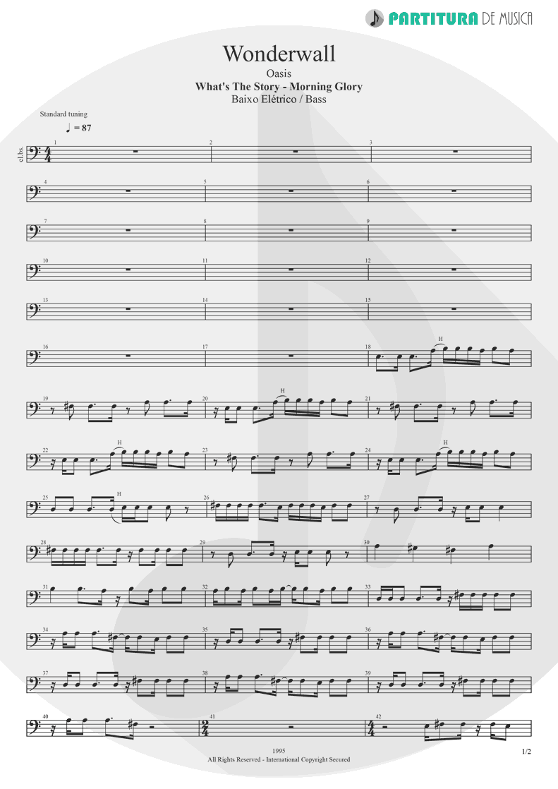 Partitura de musica de Baixo Elétrico - Wonderwall | Oasis | (What's the Story) Morning Glory? 1995 - pag 1