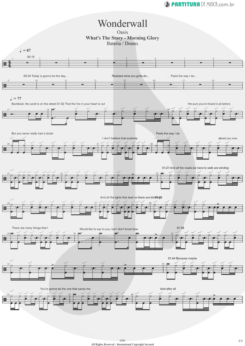 Partitura de musica de Bateria - Wonderwall | Oasis | (What's the Story) Morning Glory? 1995 - pag 1