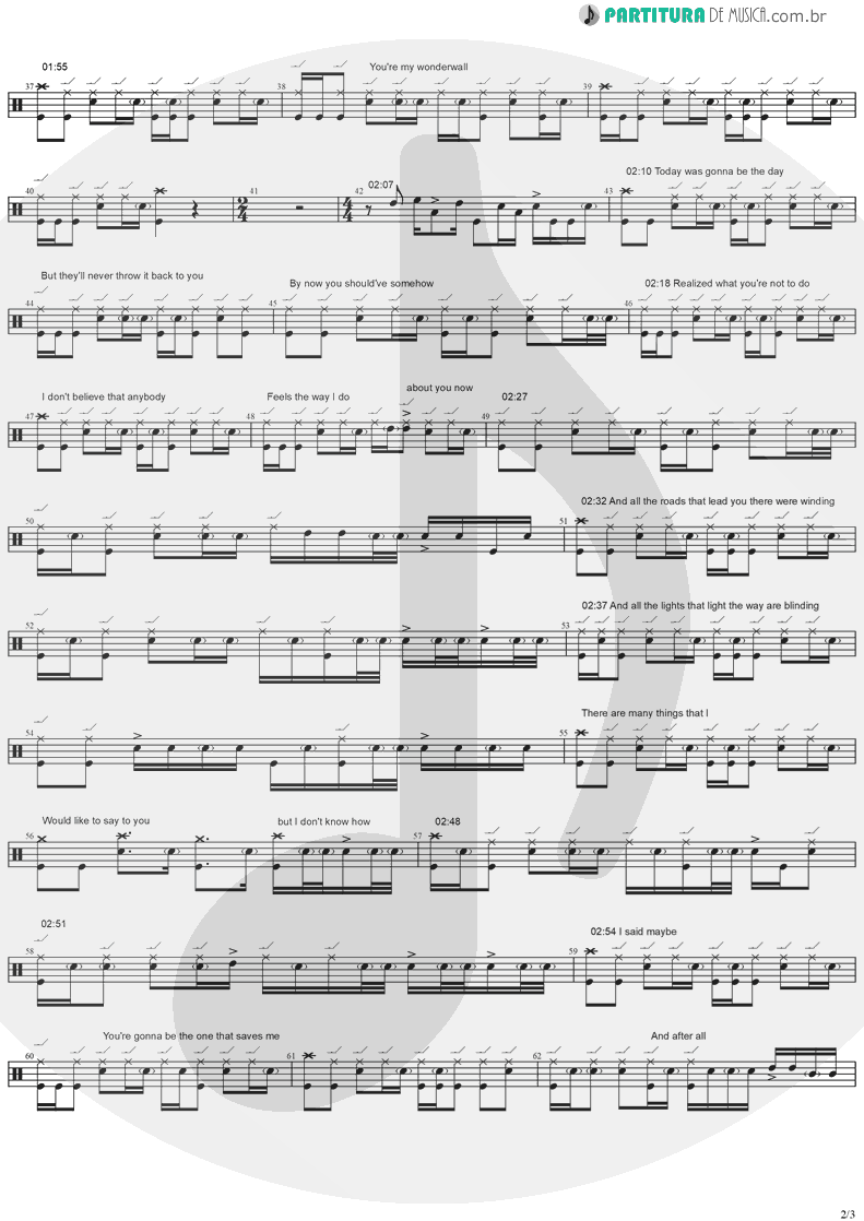 Partitura de musica de Bateria - Wonderwall | Oasis | (What's the Story) Morning Glory? 1995 - pag 2