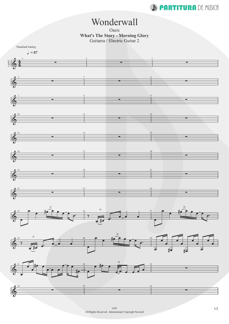 Partitura de musica de Guitarra Elétrica - Wonderwall | Oasis | (What's the Story) Morning Glory? 1995 - pag 1