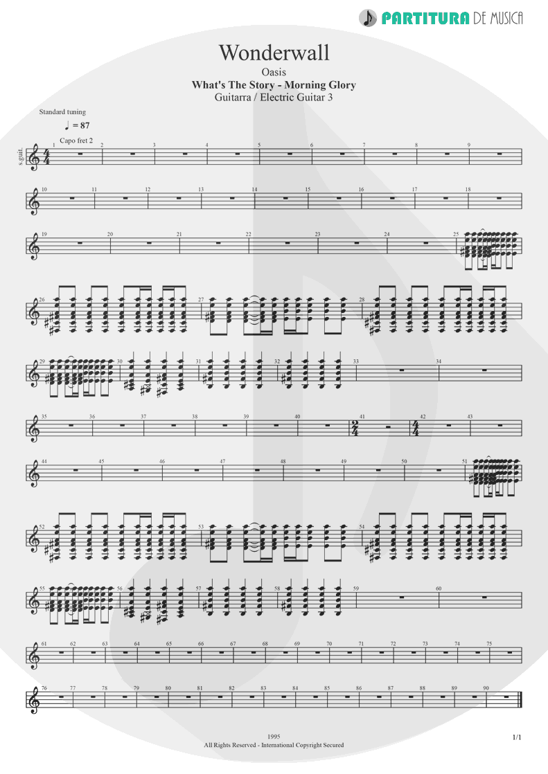 Partitura de musica de Guitarra Elétrica - Wonderwall | Oasis | (What's the Story) Morning Glory? 1995 - pag 1