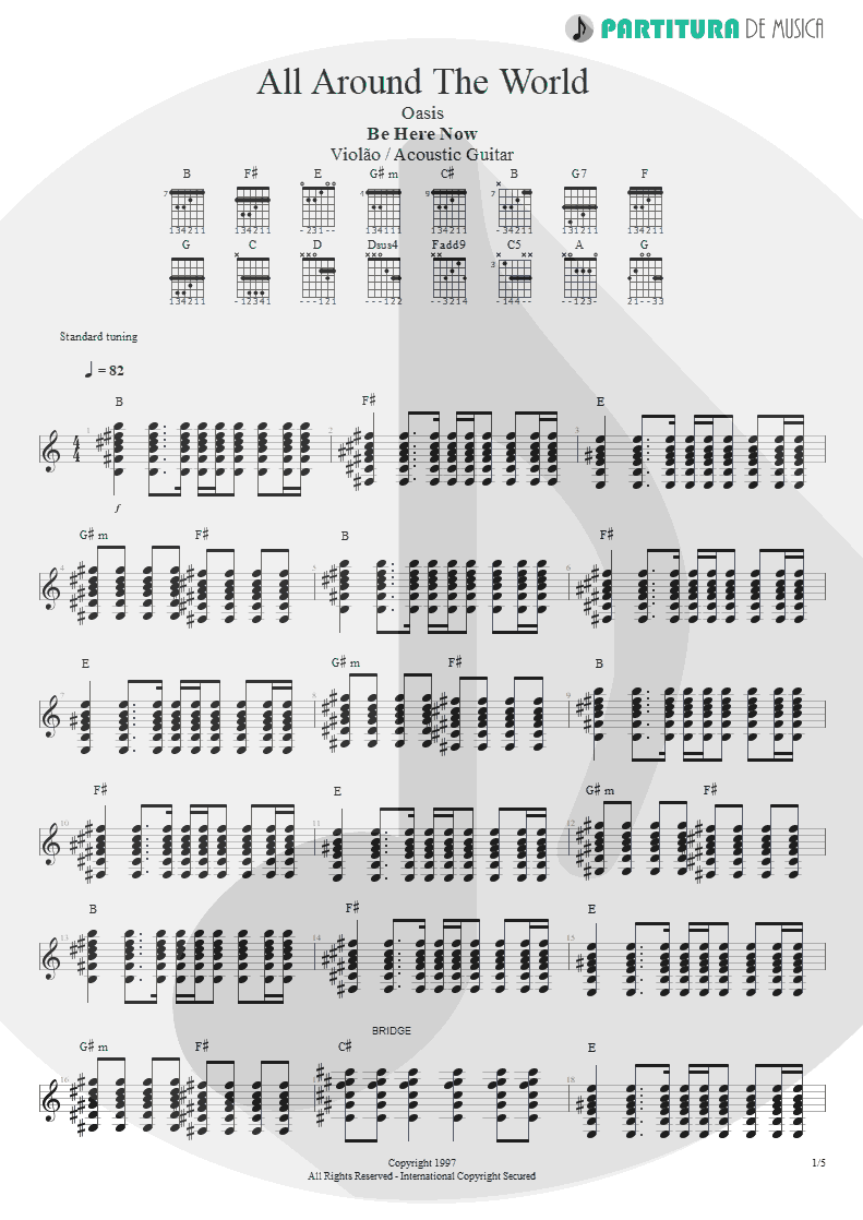 Partitura de musica de Violão - All Around The World | Oasis | Be Here Now 1997 - pag 1