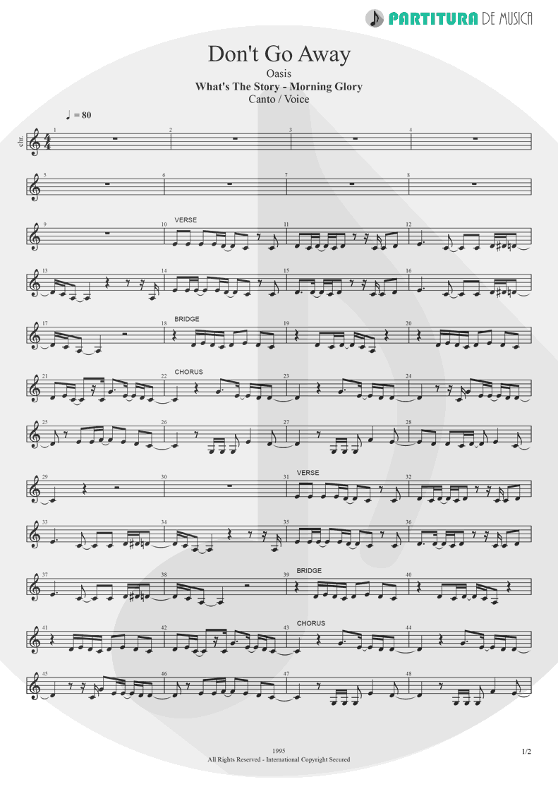 Partitura de musica de Canto - Don't Go Away | Oasis | Be Here Now 1997 - pag 1