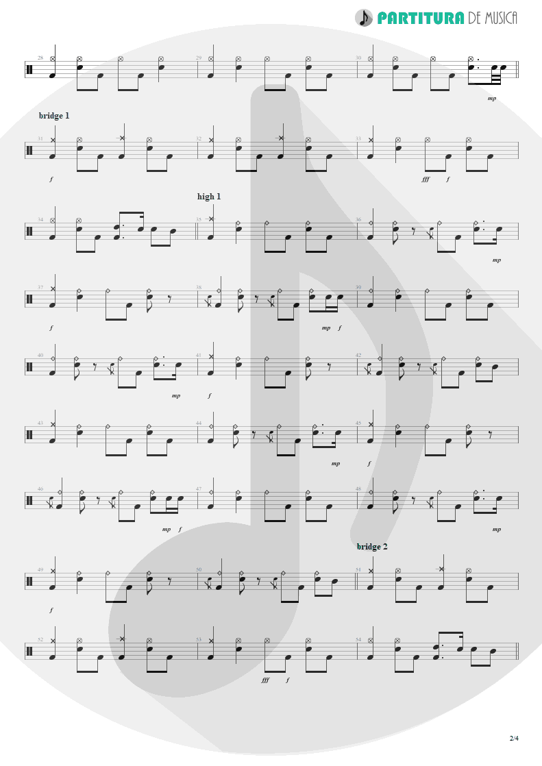 Partitura de musica de Bateria - Acquiesce | Oasis | The Masterplan 1998 - pag 2