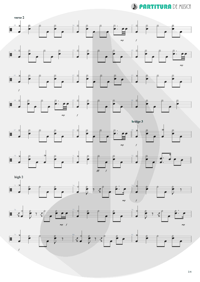 Partitura de musica de Bateria - Acquiesce | Oasis | The Masterplan 1998 - pag 3