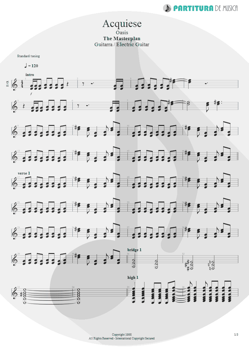 Partitura de musica de Guitarra Elétrica - Acquiesce | Oasis | The Masterplan 1998 - pag 1