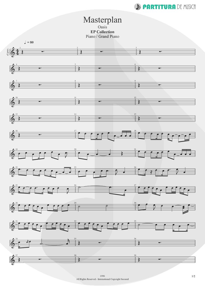 Partitura de musica de Piano - The Masterplan | Oasis | The Masterplan 1998 - pag 1