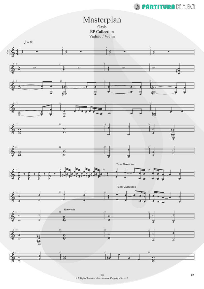 Partitura de musica de Violino - The Masterplan | Oasis | The Masterplan 1998 - pag 1
