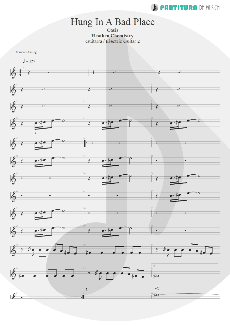 Partitura de musica de Guitarra Elétrica - Hung In A Bad Place | Oasis | Heathen Chemistry 2002 - pag 1