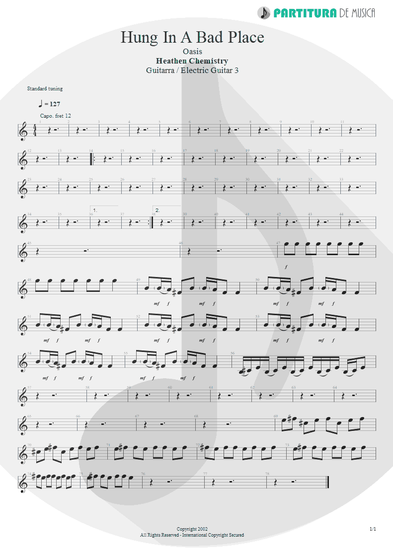 Partitura de musica de Guitarra Elétrica - Hung In A Bad Place | Oasis | Heathen Chemistry 2002 - pag 1