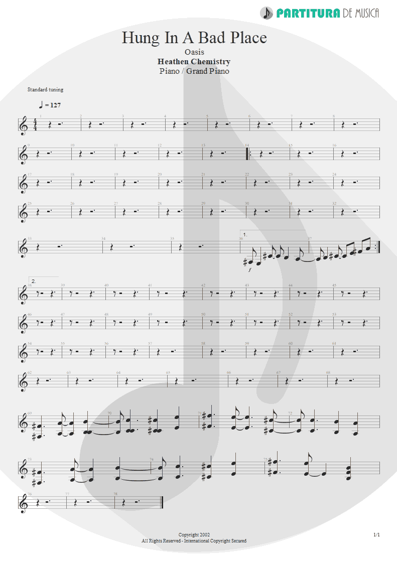 Partitura de musica de Piano - Hung In A Bad Place | Oasis | Heathen Chemistry 2002 - pag 1