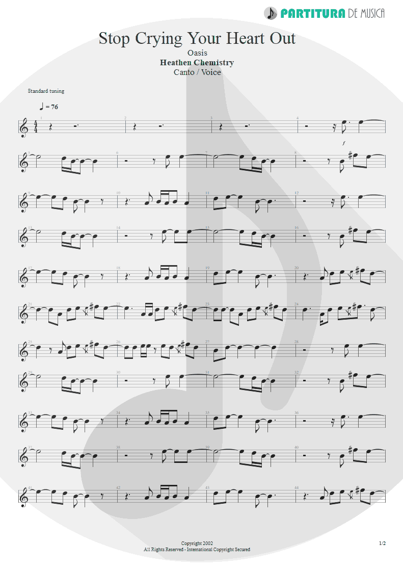 Partitura de musica de Canto - Stop Crying Your Heart Out | Oasis | Heathen Chemistry 2002 - pag 1