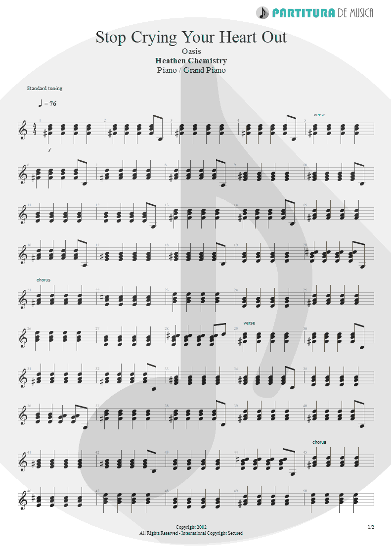 Partitura de musica de Piano - Stop Crying Your Heart Out | Oasis | Heathen Chemistry 2002 - pag 1