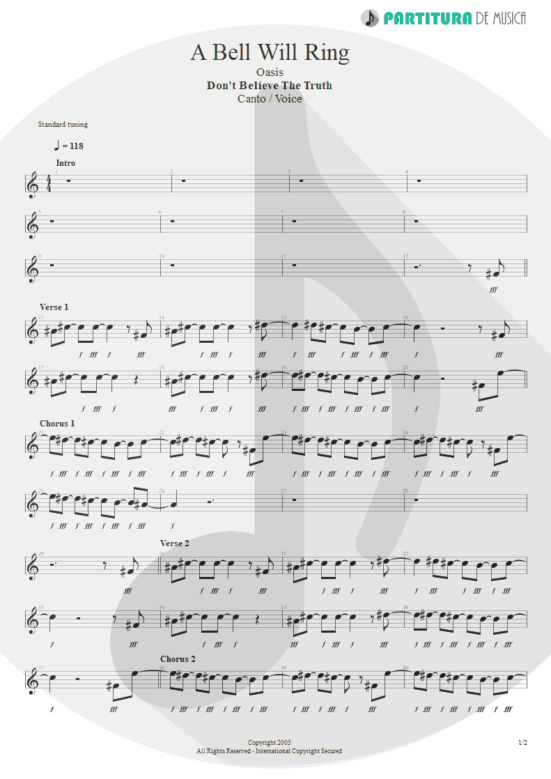 Partitura de musica de Canto - A Bell Will Ring | Oasis | Don't Believe the Truth 2005 - pag 1