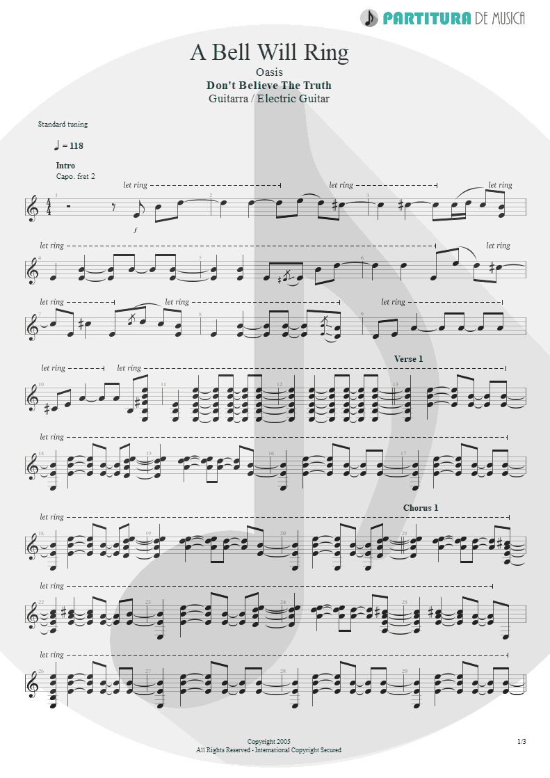 Partitura de musica de Guitarra Elétrica - A Bell Will Ring | Oasis | Don't Believe the Truth 2005 - pag 1