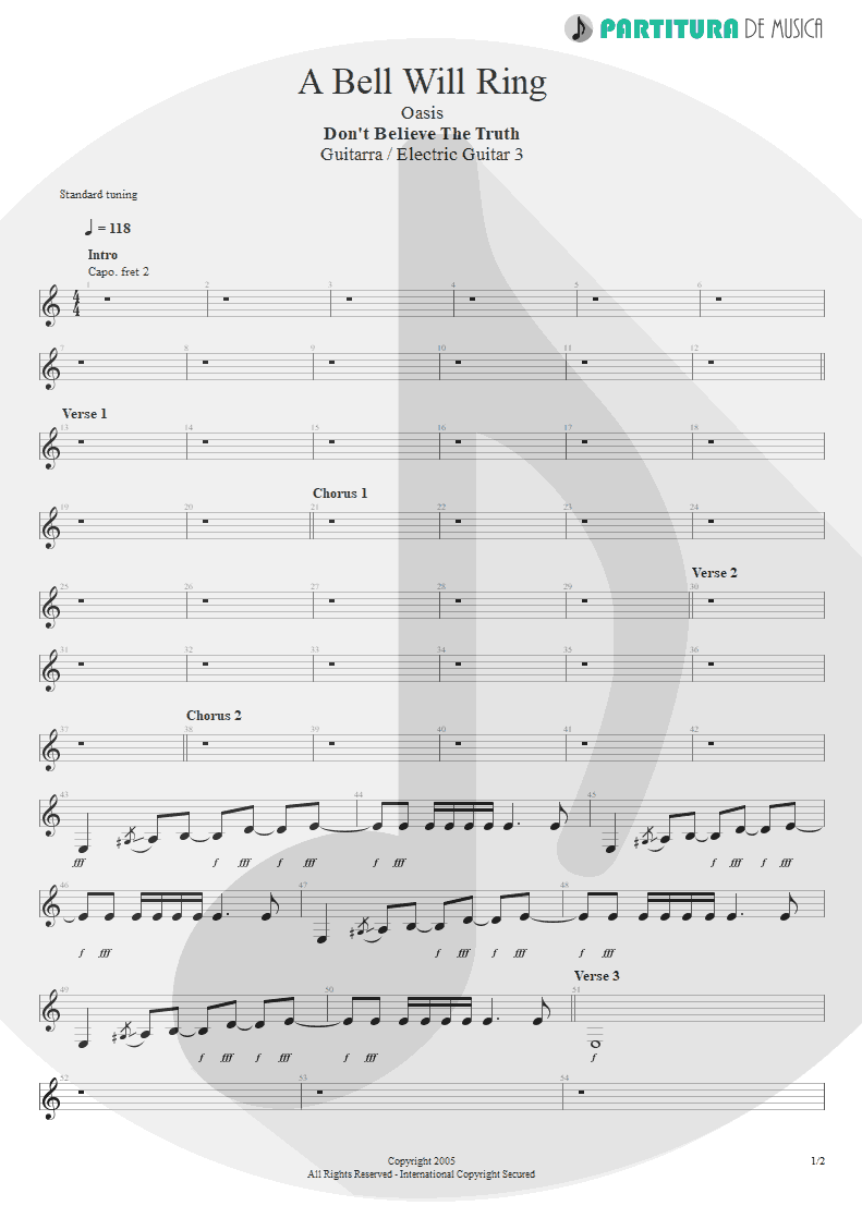 Partitura de musica de Guitarra Elétrica - A Bell Will Ring | Oasis | Don't Believe the Truth 2005 - pag 1