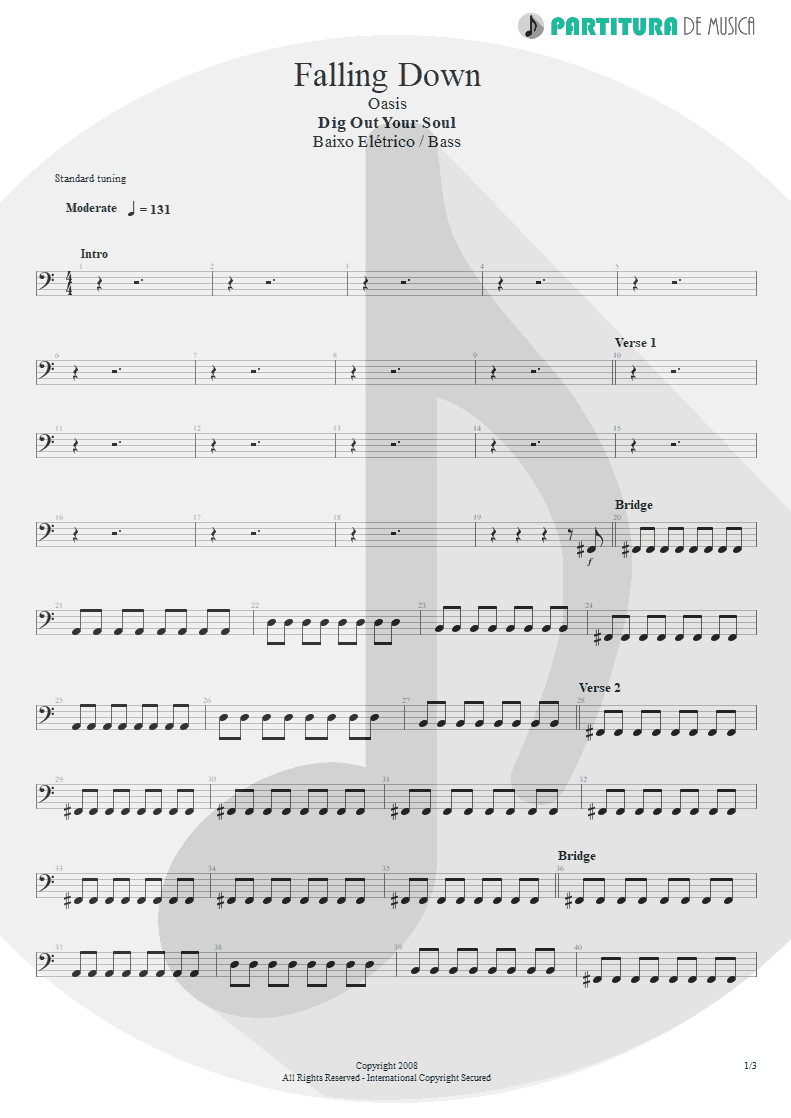 Partitura de musica de Baixo Elétrico - Falling Down | Oasis | Dig Out Your Soul 2008 - pag 1