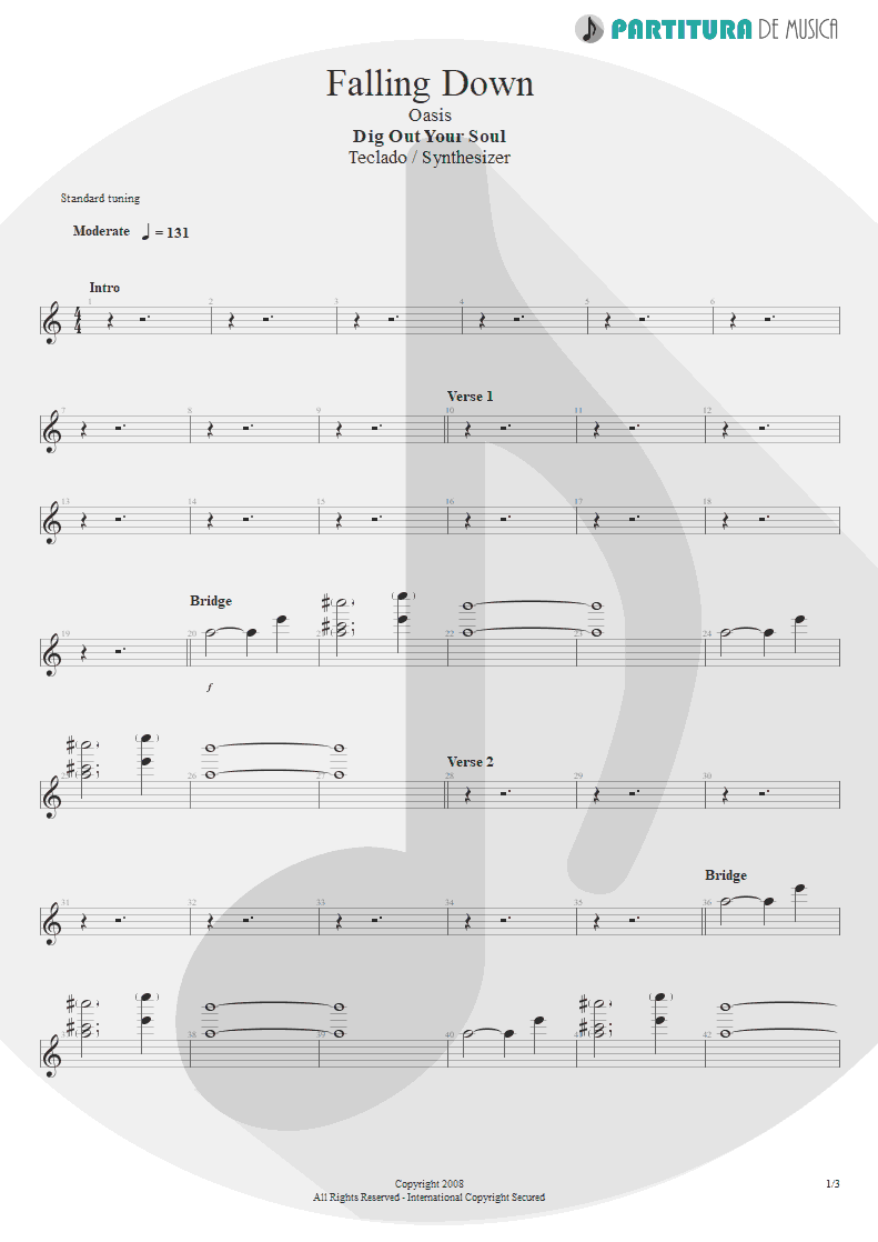 Partitura de musica de Teclado - Falling Down | Oasis | Dig Out Your Soul 2008 - pag 1