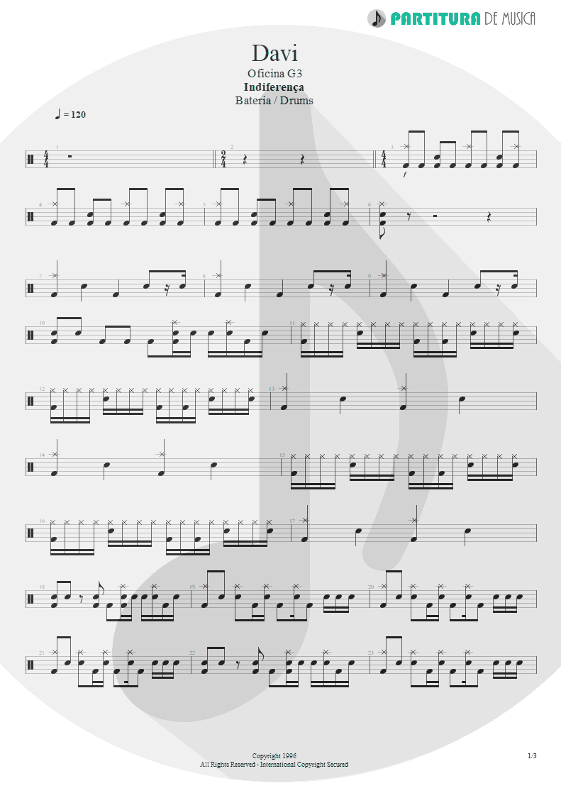 Partitura de musica de Bateria - Davi | Oficina G3 | Indiferença 1996 - pag 1