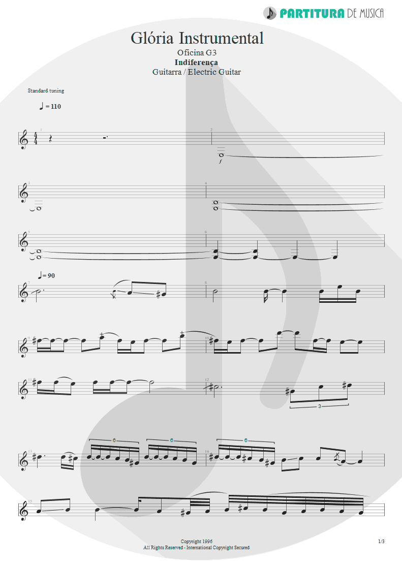 Partitura de musica de Guitarra Elétrica - Glória - Instrumental | Oficina G3 | Indiferença 1996 - pag 1