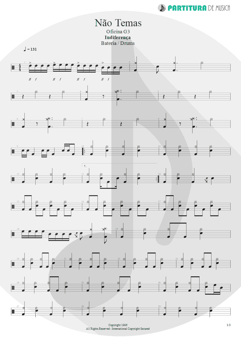 Partitura de musica de Bateria - Não Temas | Oficina G3 | Indiferença 1996 - pag 1