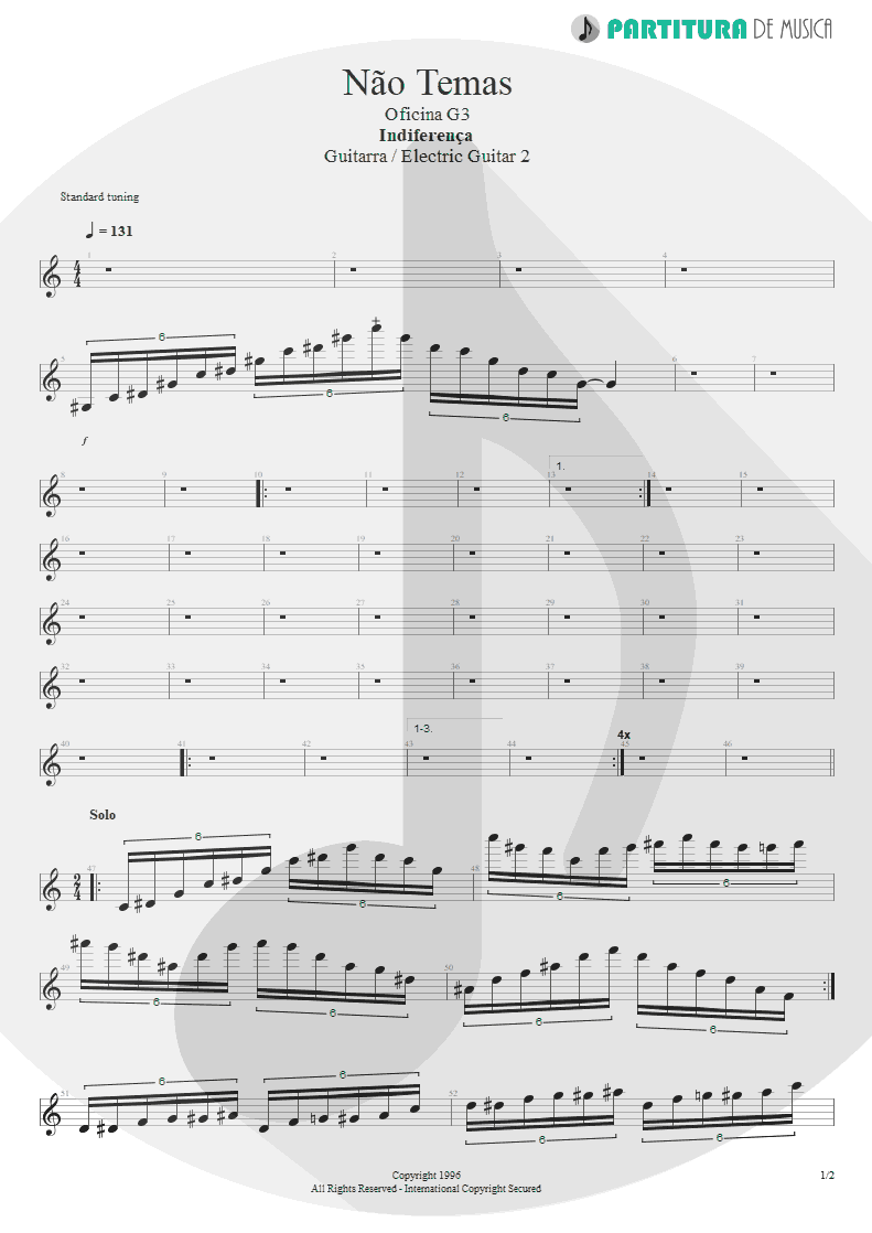 Partitura de musica de Guitarra Elétrica - Não Temas | Oficina G3 | Indiferença 1996 - pag 1