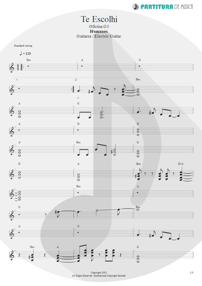 Partitura de musica de Guitarra Elétrica - Te Escolhi | Oficina G3 | Humanos 2002 - pag 1