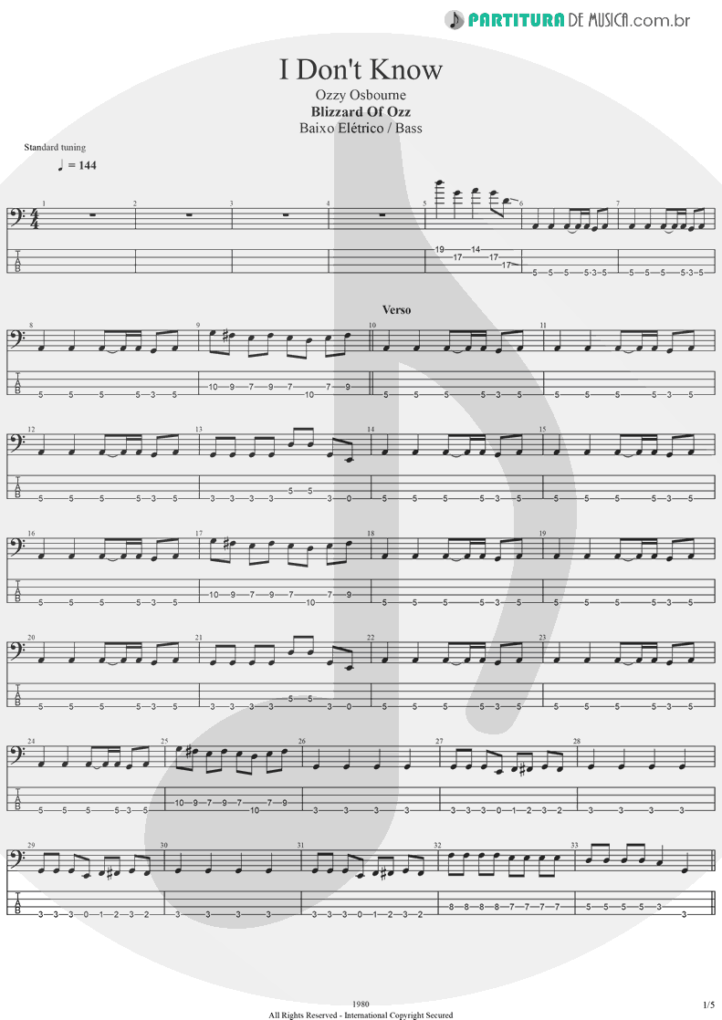 Tablatura + Partitura de musica de Baixo Elétrico - I Don't Know | Ozzy Osbourne | Blizzard Of Ozz 1980 - pag 1