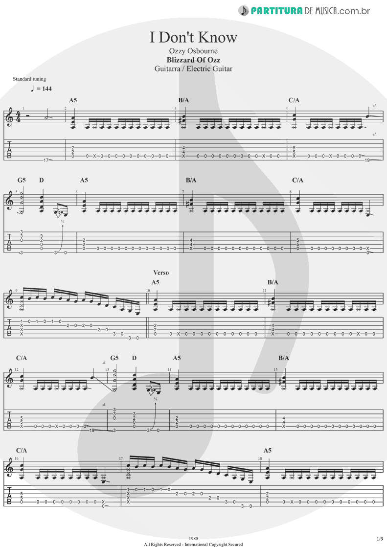 Tablatura + Partitura de musica de Guitarra Elétrica - I Don't Know | Ozzy Osbourne | Blizzard Of Ozz 1980 - pag 1