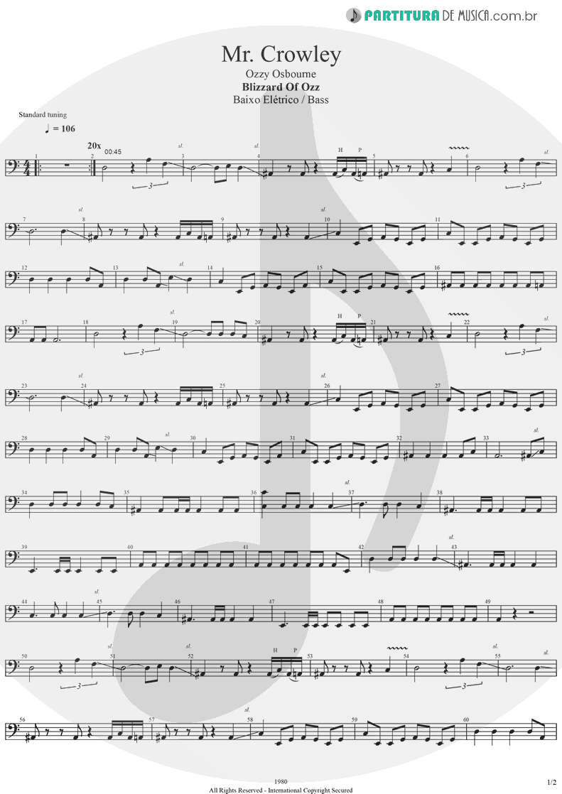 Partitura de musica de Baixo Elétrico - Mr. Crowley | Ozzy Osbourne | Blizzard Of Ozz 1980 - pag 1