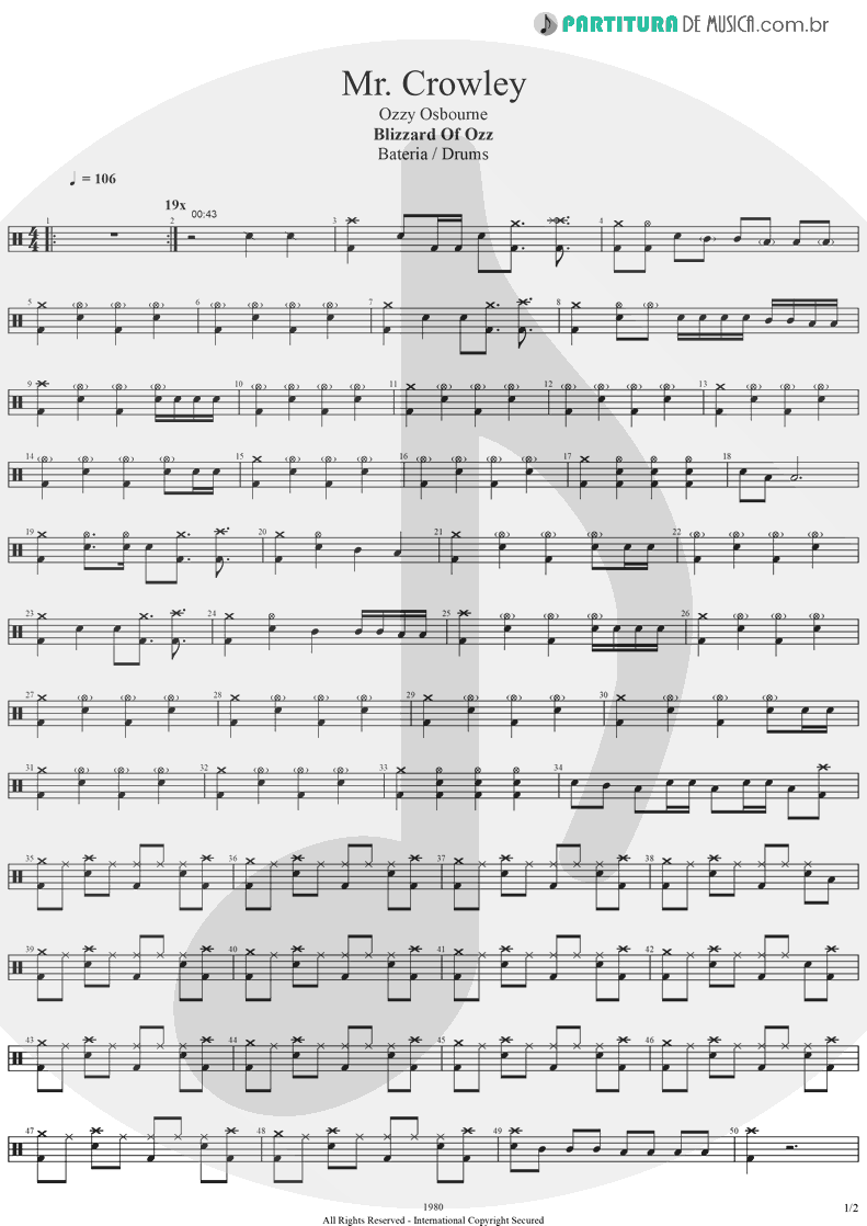 Partitura de musica de Bateria - Mr. Crowley | Ozzy Osbourne | Blizzard Of Ozz 1980 - pag 1