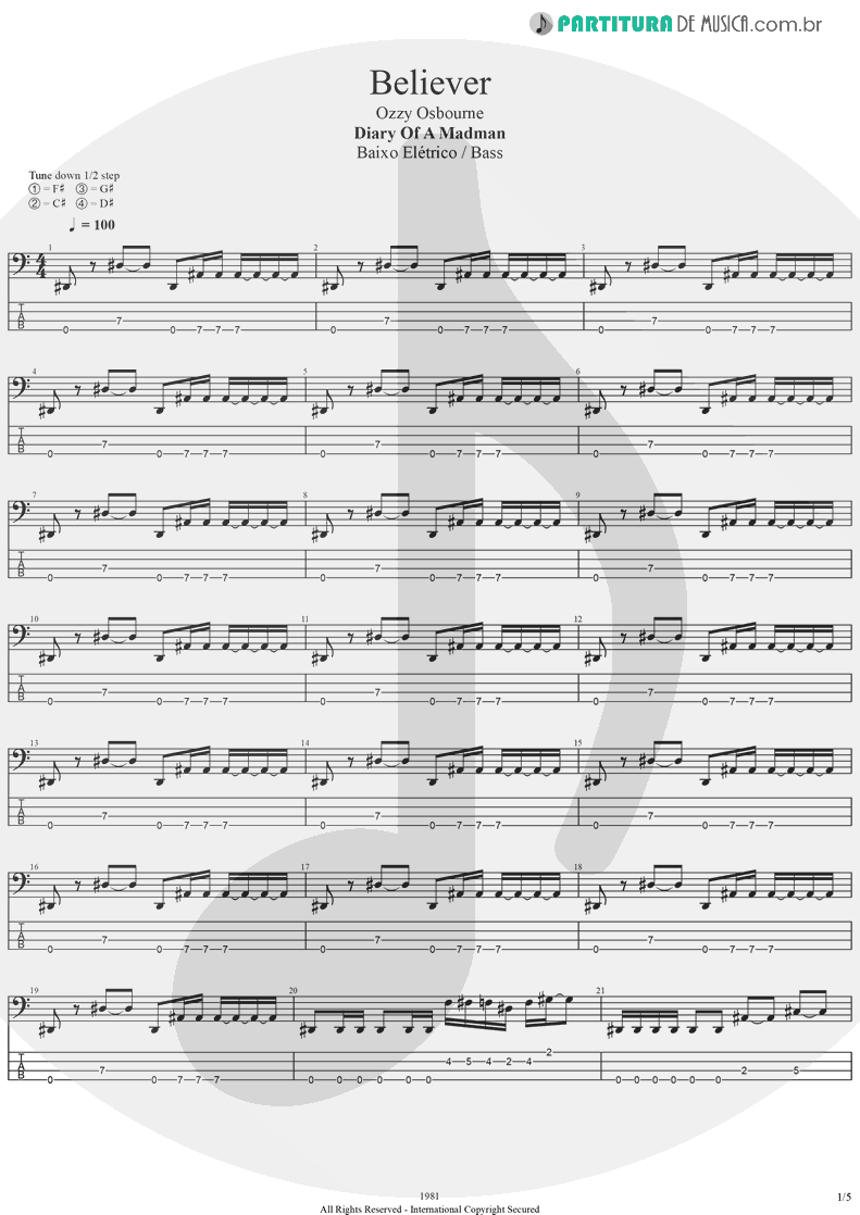 Tablatura + Partitura de musica de Baixo Elétrico - Believer | Ozzy Osbourne | Diary Of A Madman 1981 - pag 1