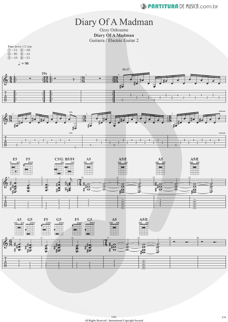 Tablatura + Partitura de musica de Guitarra Elétrica - Diary Of A Madman | Ozzy Osbourne | Diary Of A Madman 1981 - pag 1