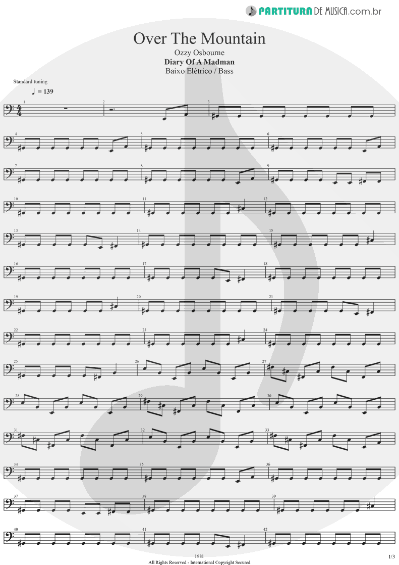 Partitura de musica de Baixo Elétrico - Over The Mountain | Ozzy Osbourne | Diary Of A Madman 1981 - pag 1