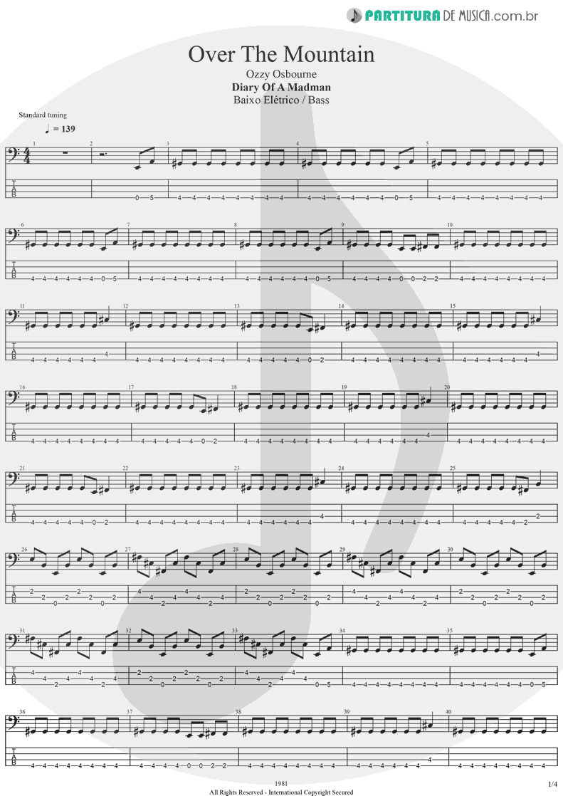 Tablatura + Partitura de musica de Baixo Elétrico - Over The Mountain | Ozzy Osbourne | Diary Of A Madman 1981 - pag 1