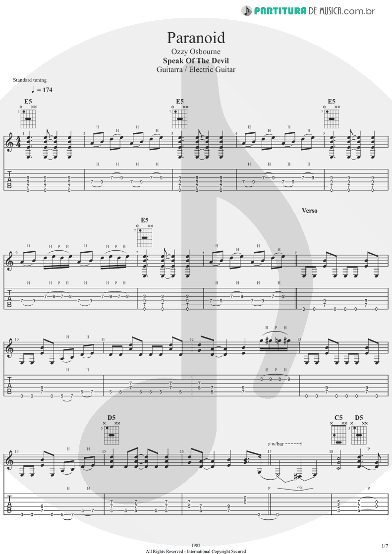 Tablatura + Partitura de musica de Guitarra Elétrica - Paranoid | Ozzy Osbourne | Speak Of The Devil 1982 - pag 1